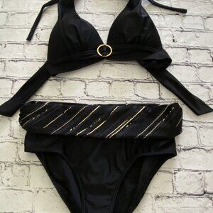 Simon Chang Vintage Black And Gold Bikini Padded Halter Top Size 10 Bond Girl EC